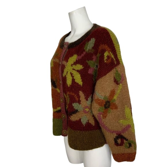 Tara Handknits Handspun Wool Cardigan Sweater L Floral Chunky Button Up Hippie - Picture 3 of 13